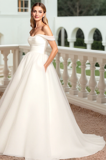 White Off The Shoulder Tulle A Line Wedding Dress